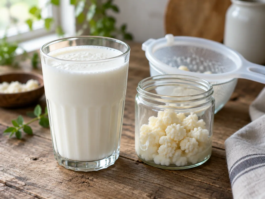 Glas med vit kefir bredvid en glasburk med kefirgryn och en plastsil på ett rustikt träbord