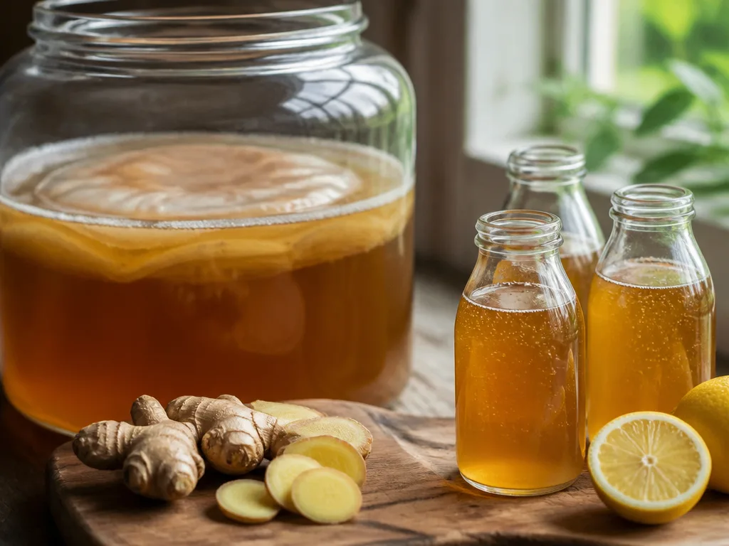 Glasburk med fermenterat te och en geléaktig SCOBY-skiva flytande på ytan, omgiven av små glasflaskor och ingefärsskivor på ett träbord