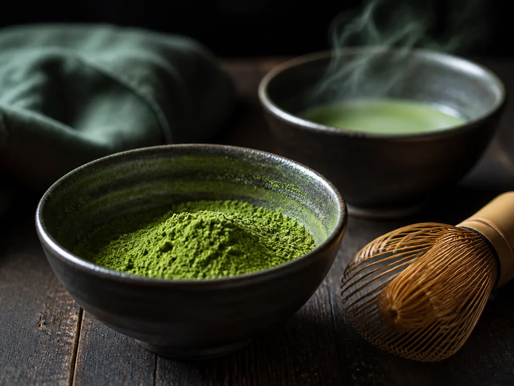 Ljusgrönt matcha pulver i keramikskål med bambu chasen visp på mörkt träunderlag, naturligt sidoljus