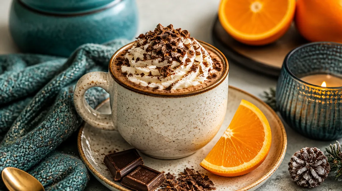 Krämig varm choklad i mugg med mjölkskum