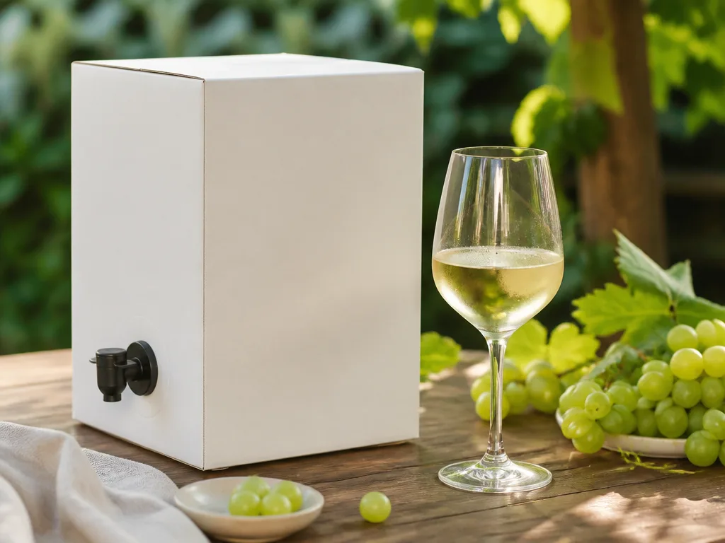 Vitt vin box med kran bredvid ett glas kylt vitt vin på ett träbord i sommarmiljö