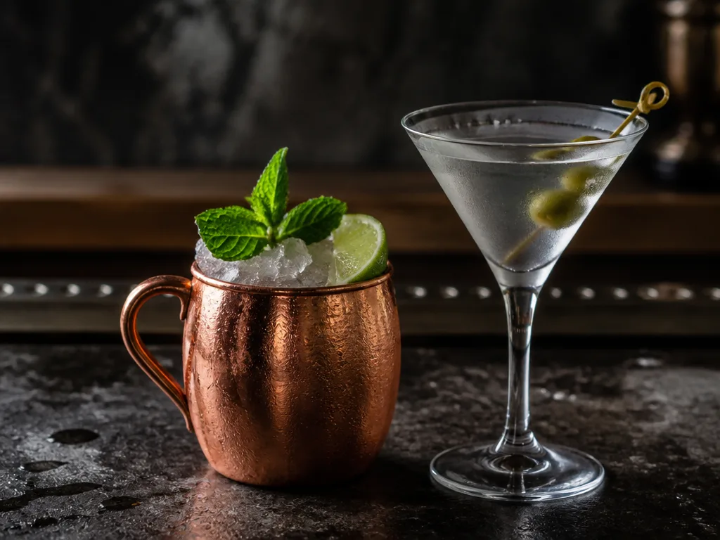 Moscow Mule i kopparmugg med lime och mynta bredvid en klar vodkadrink i martiniglas