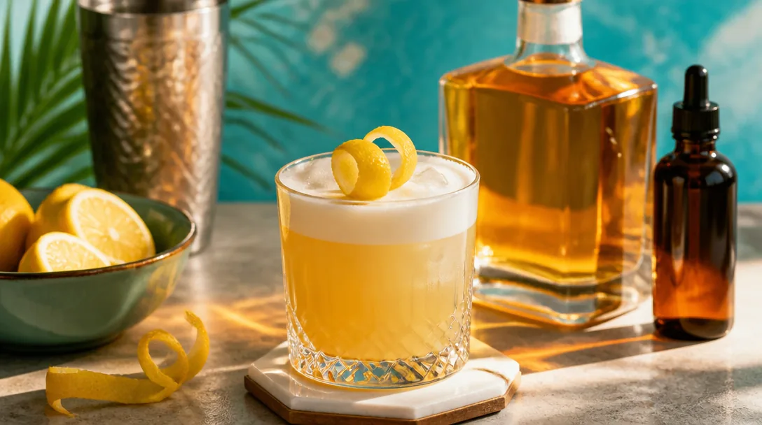 Whisky Sour serveras i cocktailglas med äggviteskum och körsbär