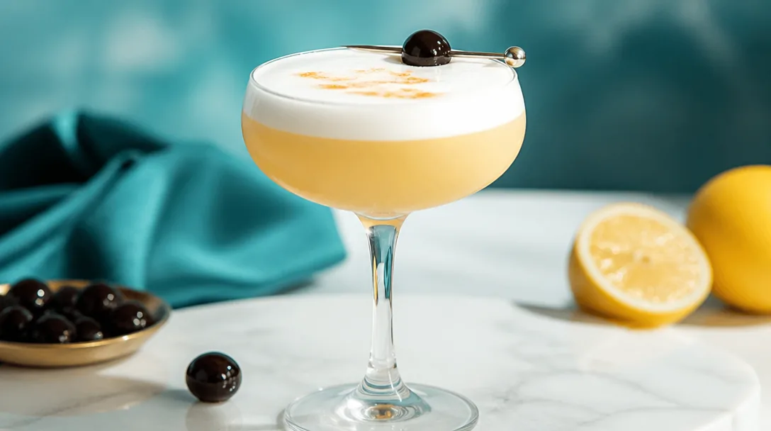Whisky Sour i cocktailglas med äggviteskum och körsbärsgarnering