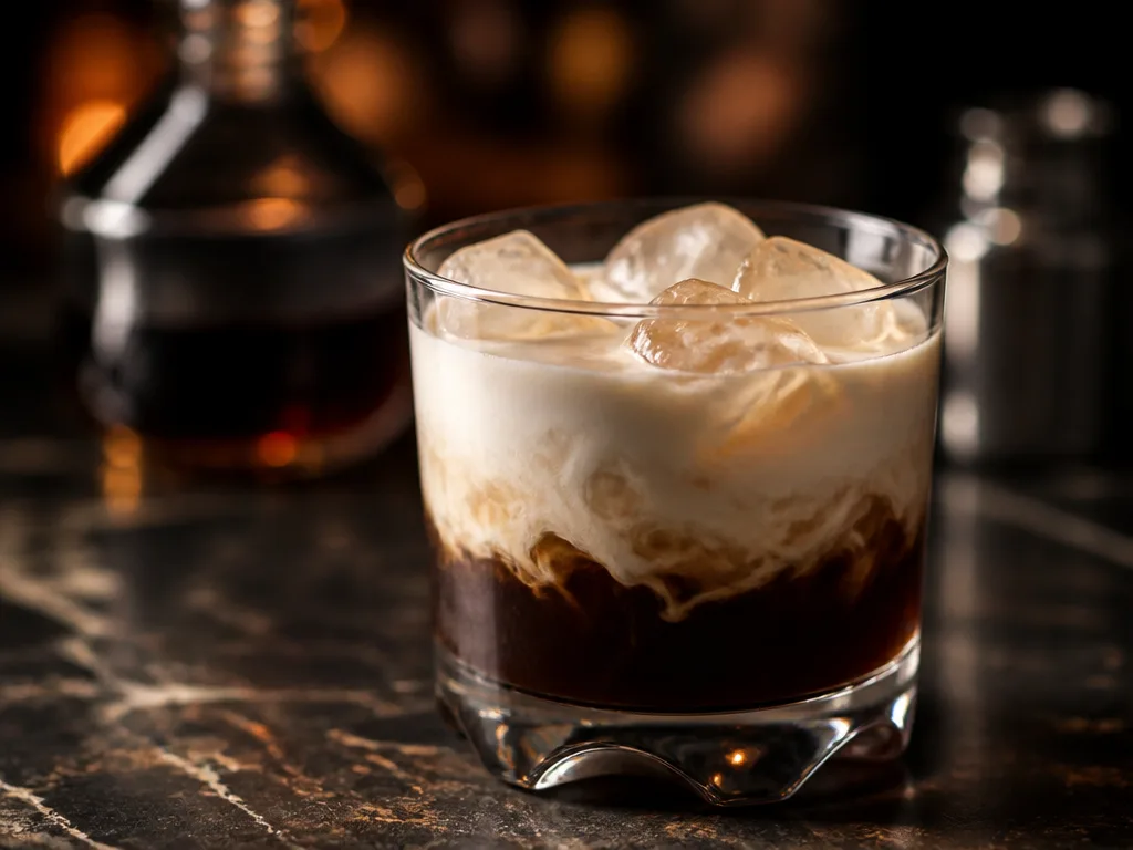 White Russian i lågt glas med skiktad grädde ovanpå mörk kaffelikör och is